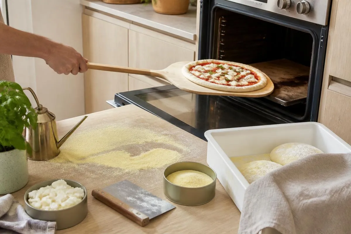 Pizza skubbes ind på pizzasten i en almindelig hjemmeovn