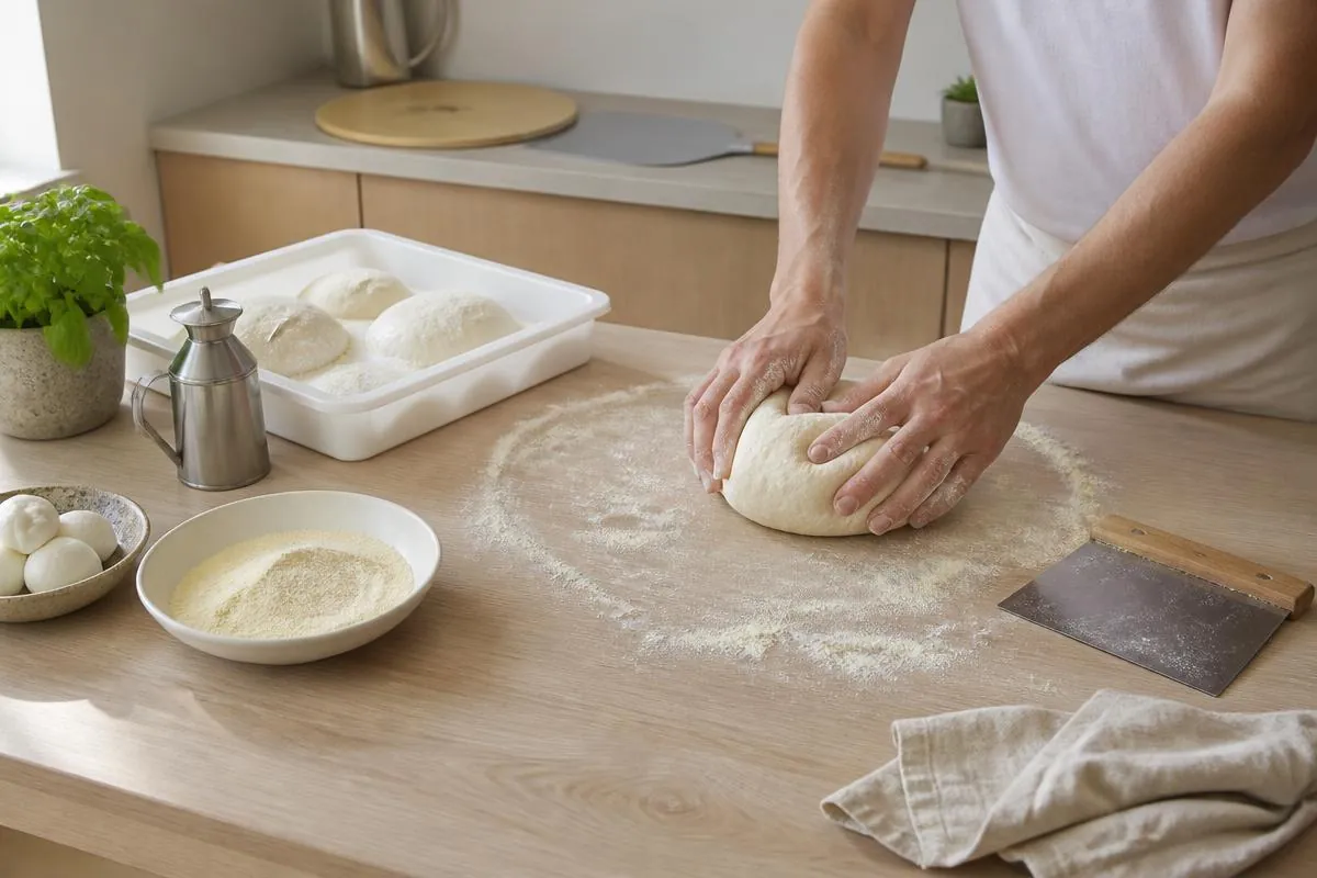 Hænder ælter pizzadej på et mørkt træbord med mel omkring