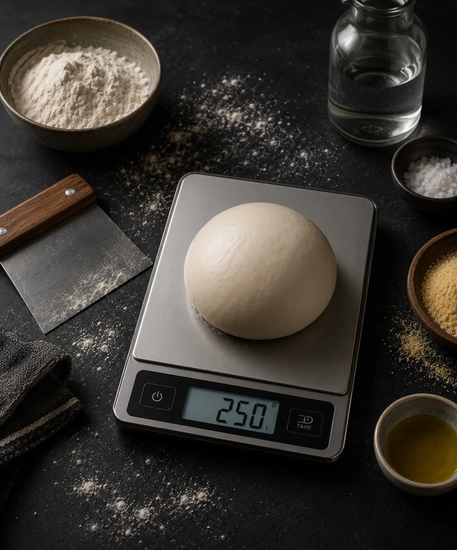 Napolitansk pizzadejkugle på 250 gram vejes på digital køkkenvægt omgivet af mel, vand, salt og semola — illustration til projektpizzas dejberegner.