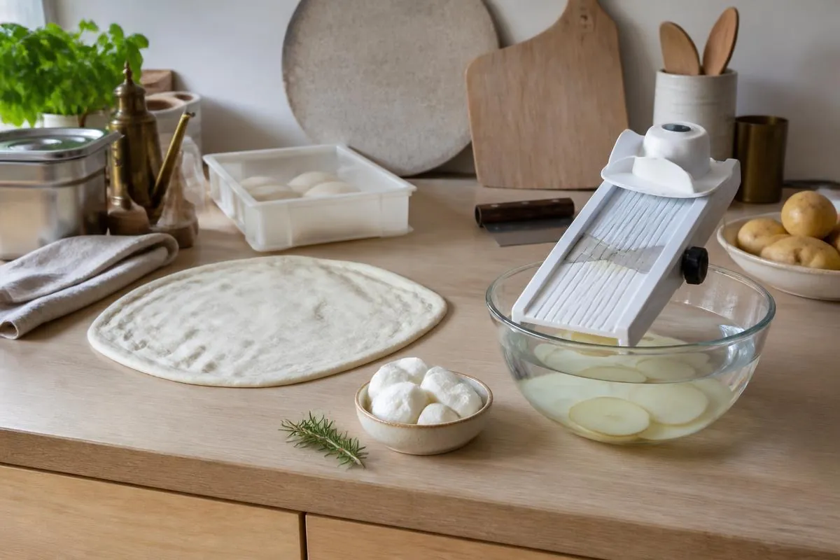 Tynde kartoffelskiver skæres på mandolin til pizza bianca