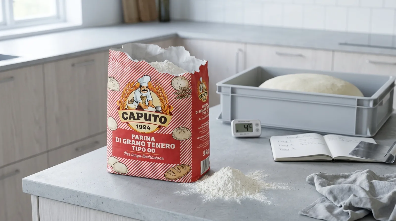 Caputo Cuoco 5 kg rød pose Tipo 00 mel på køkkenbord ved siden af koldhævet pizzadej i grå dejkasse, digitalt termometer der viser 4 °C og hævejournal — stærkt mel til 48–72 timers koldhævning