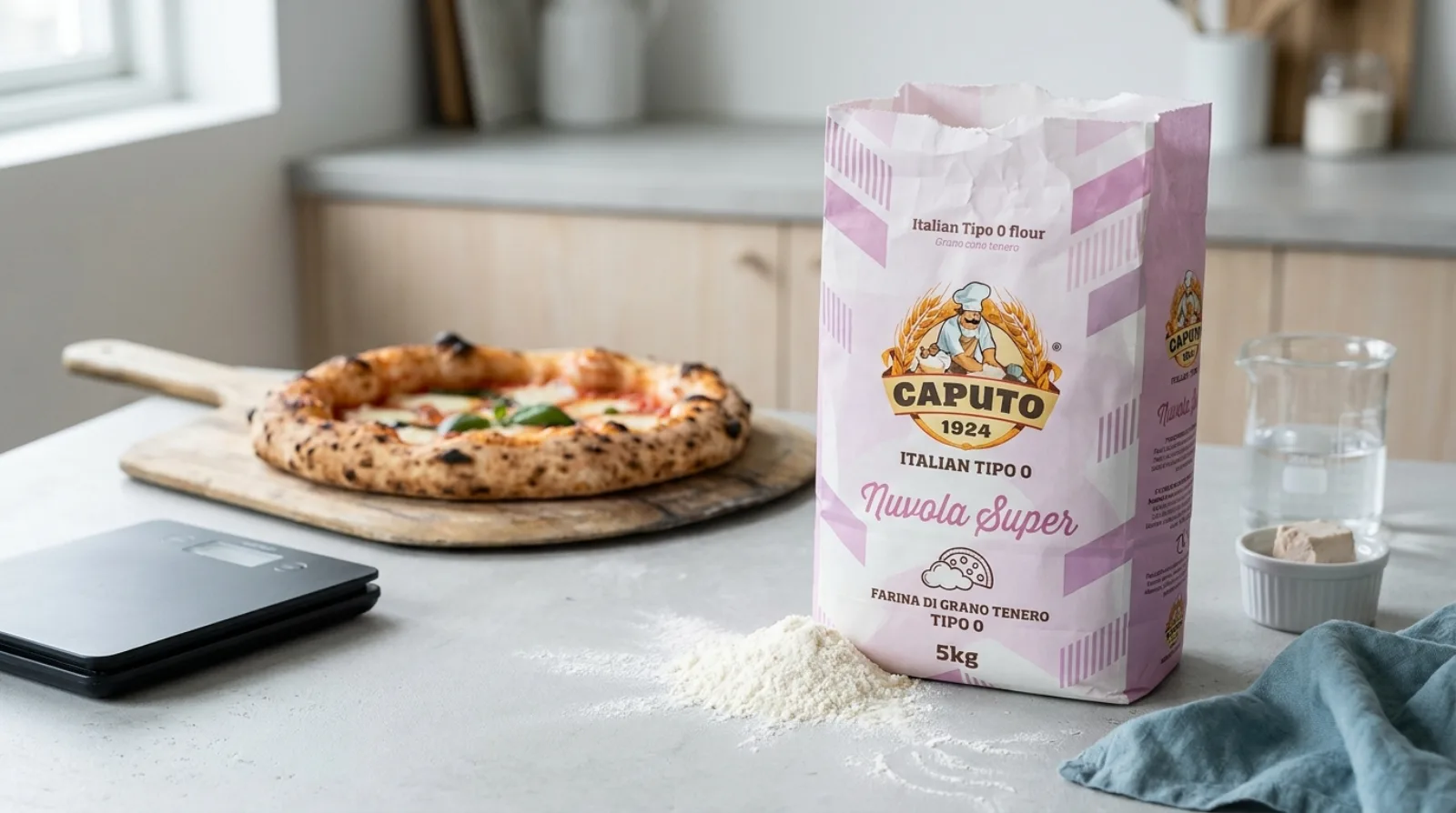 Caputo Nuvola Super 5 kg lyserød pose Tipo 0 mel på køkkenbord ved siden af nybagt napolitansk canotto-pizza med høj luftig cornicione, digital vægt og frisk gær — mel til canotto-stil pizza med høj hydrering