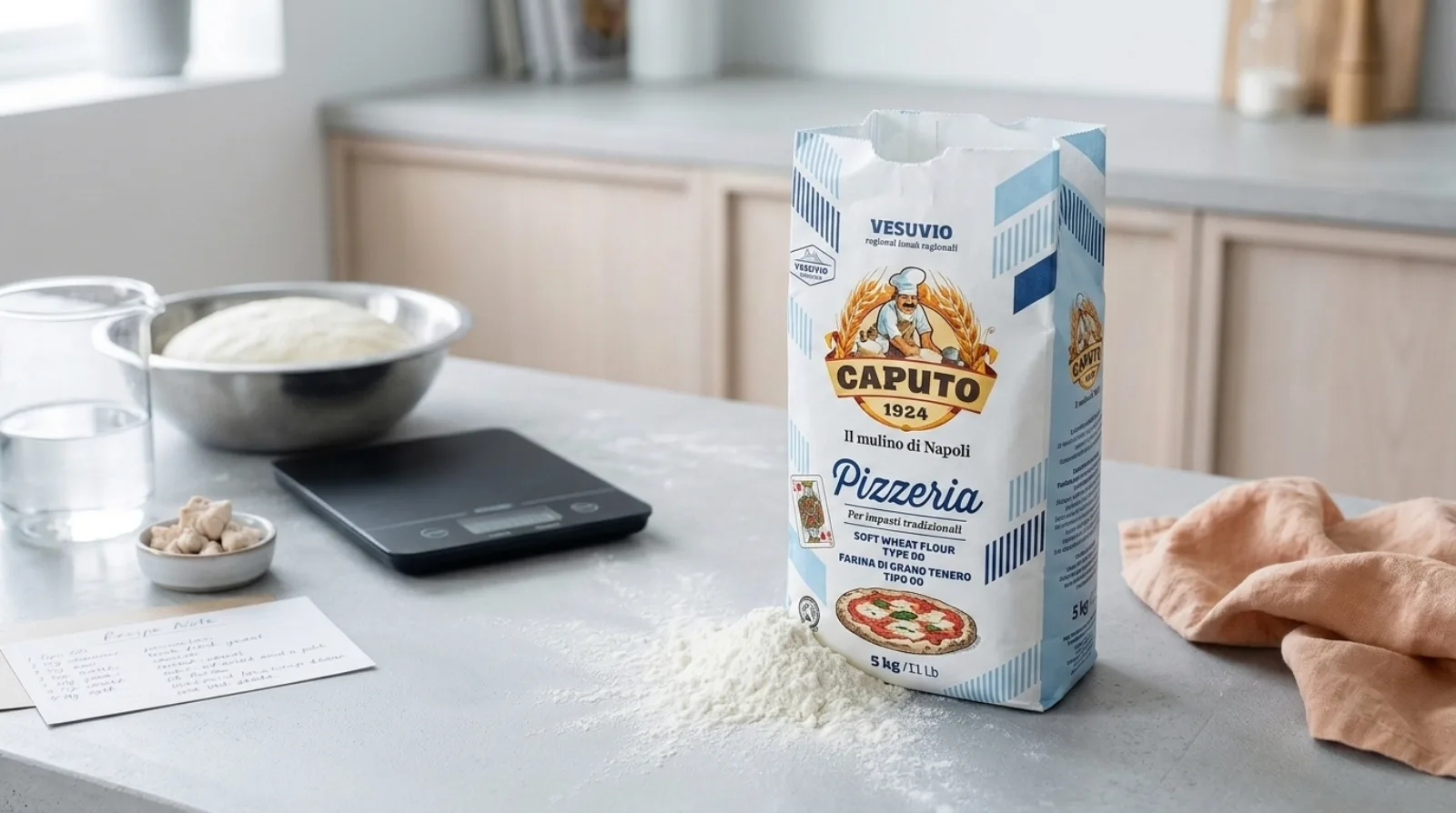 Caputo Pizzeria 5 kg blå pose Tipo 00 mel på lyst køkkenbord med dejskål, digital køkkenvægt, frisk gær og opskriftsnotat — klassisk napolitansk pizzamel til 8–24 timers hævning