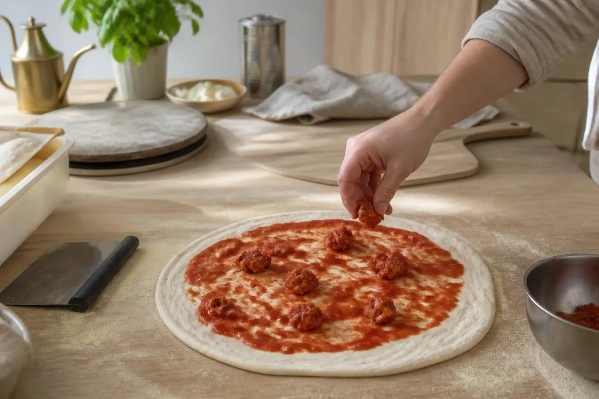 Klatter nduja placeres på en rå pizzabund med tomatsauce
