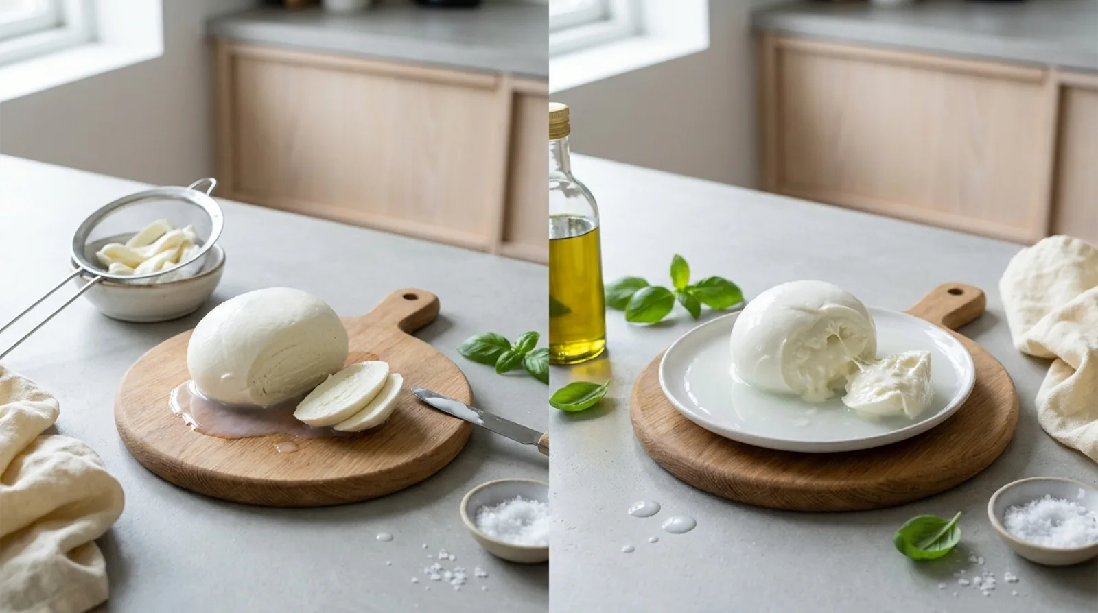 Sammenligning af fiordilatte og bøffelmozzarella side om side på trækøkken — fiordilatte i skiver på træbræt og cremet bøffelmozzarella på tallerken med basilikum, olivenolie og salt