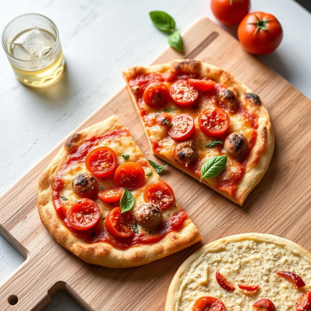 Frosne pizzadejkugler i klare fryseposer ved siden af optøede dejkugler på semola-drysset træbord — guide til frysning af pizzadej