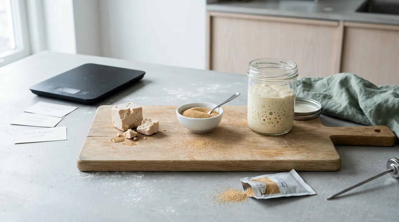 Frisk gær i terninger, skål med instant tørgær og glas med boblende aktiv surdejsstarter på trææ skærebræt med digital køkkenvægt — de tre gæringsmetoder til pizzadej sammenlignet side om side