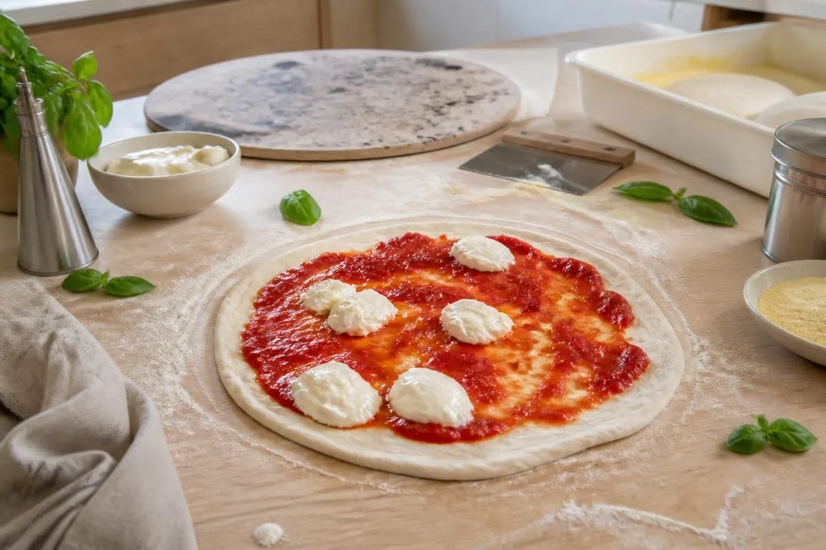 Fiordilatte og tomat lægges på en udstrakt rå pizzabund