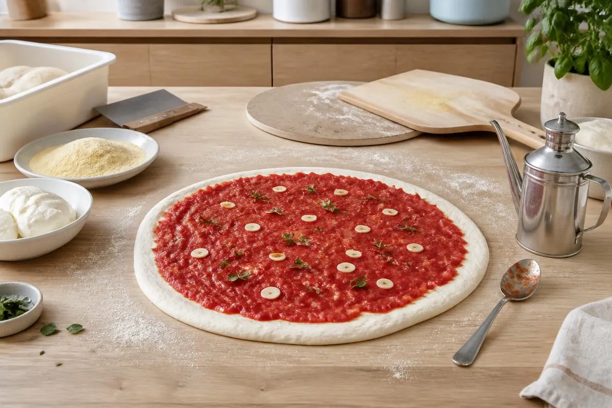 Færdigbagt marinara med hvidløg og oregano på et træbræt