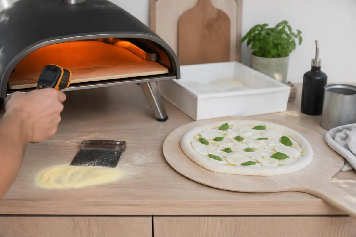 Pizza bages under rullende flamme i en kompakt gaspizzaovn