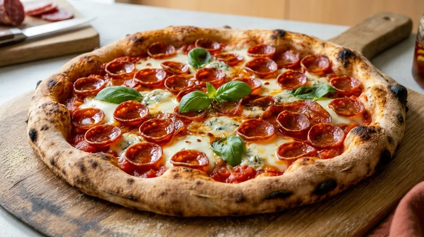 Rød pizza med pepperoni, fiordilatte, klatter af gorgonzola, chilihonning og frisk basilikum på en træspade