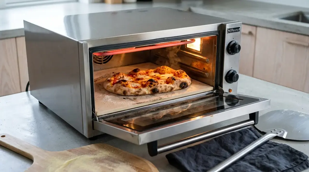 Færdigbagt pizza på sten inde i en Effeuno hjemme-pizzaovn med varmeelementet glødende rødt
