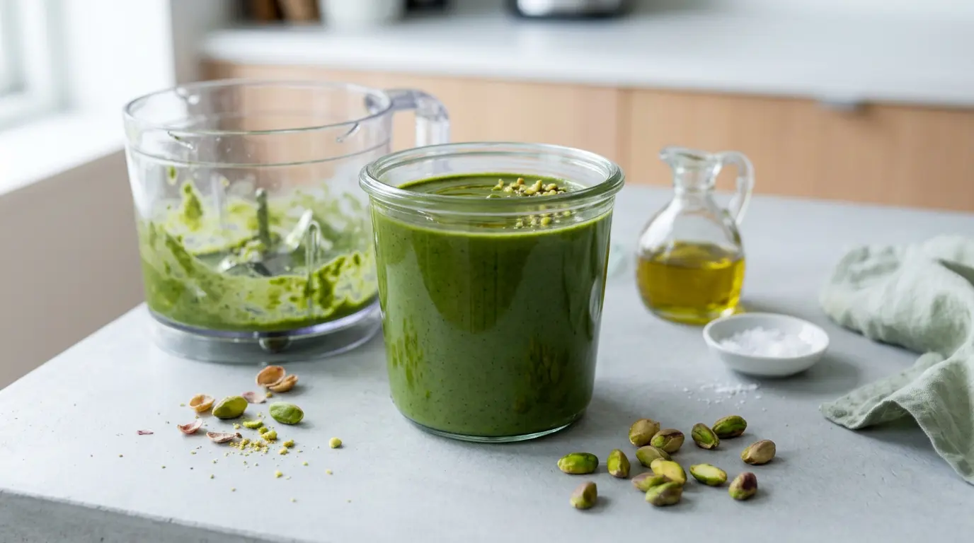 Hjemmelavet pistaciecreme i en glaskrukke på et lyst køkkenbord ved siden af en foodprocessor, hele afskallede pistacier, en karaffel olivenolie og en lille skål flagesalt