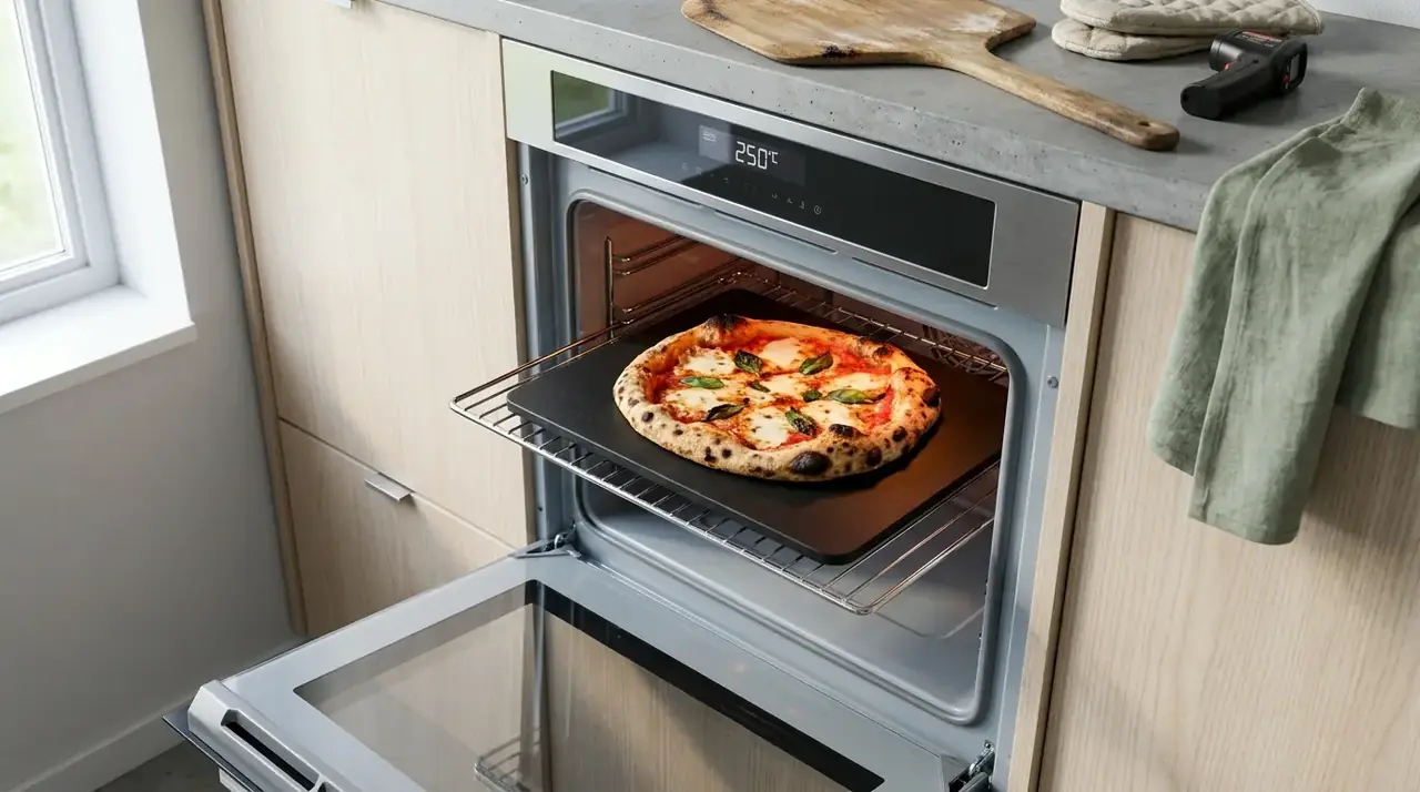 Margherita-pizza bagt på pizzastål i en almindelig hjemmeovn med displayet stillet på 250 °C