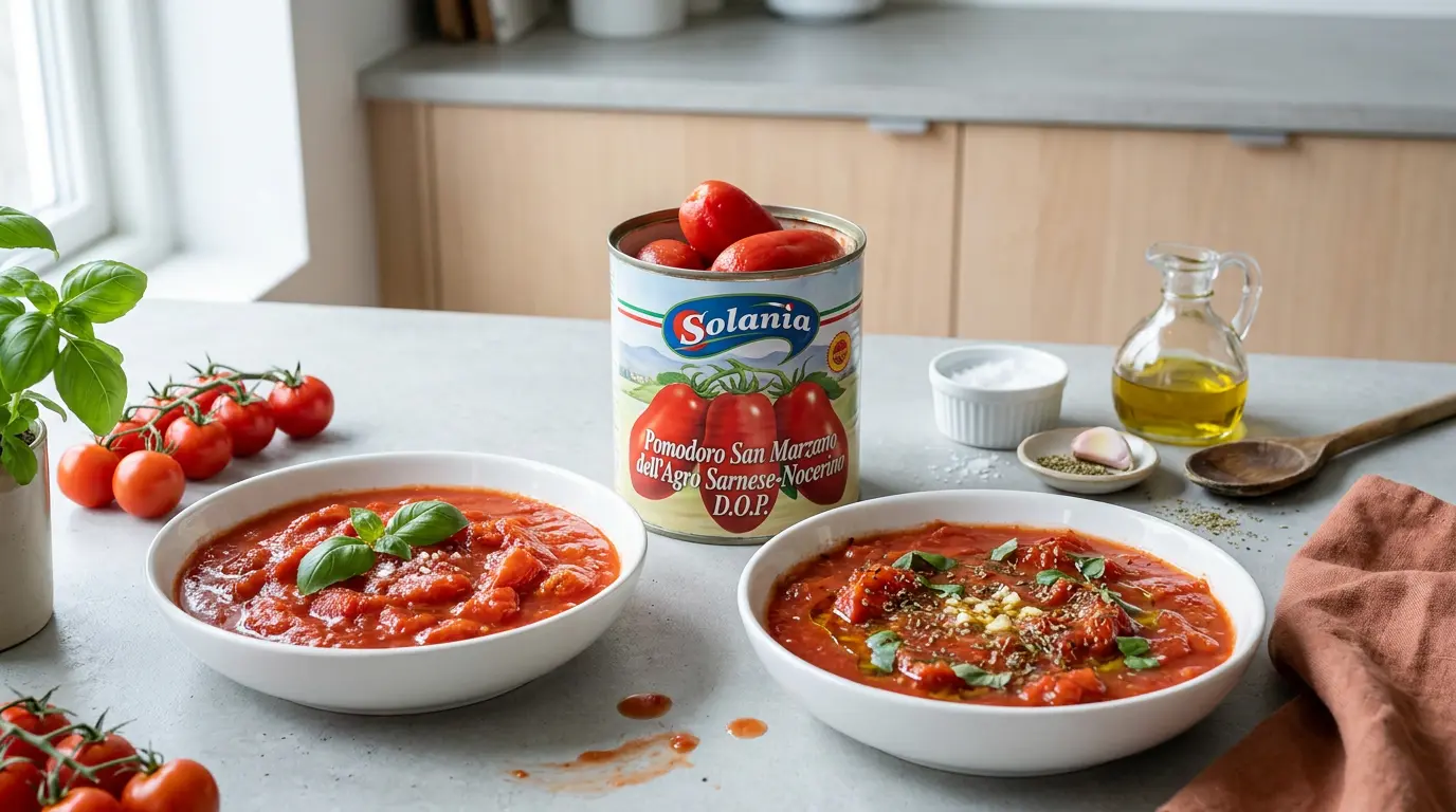 To skåle pizzatomatsauce på et lyst køkkenbord ved siden af en dåse San Marzano-tomater, frisk basilikum, hvidløg, salt og en karaffel olivenolie