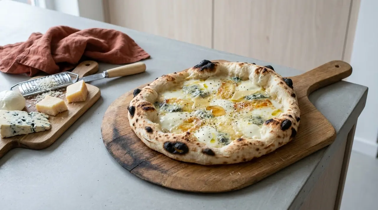 Hvid Quattro Formaggi-pizza med smeltet fiordilatte, gorgonzola og taleggio på en træspade ved siden af et bræt med oste