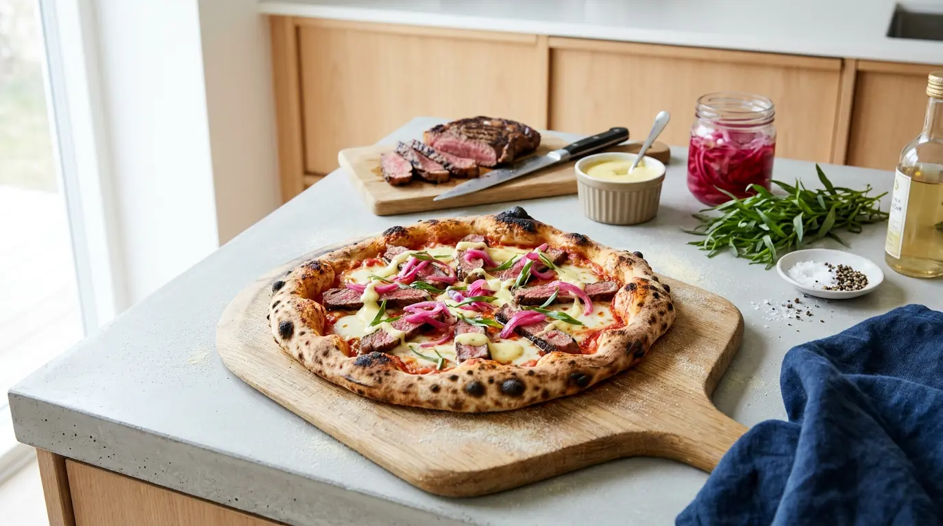 Rød pizza toppet med tynde skiver ribeye, klatter af bearnaisecreme, syltede rødløg og frisk estragon på en træplade