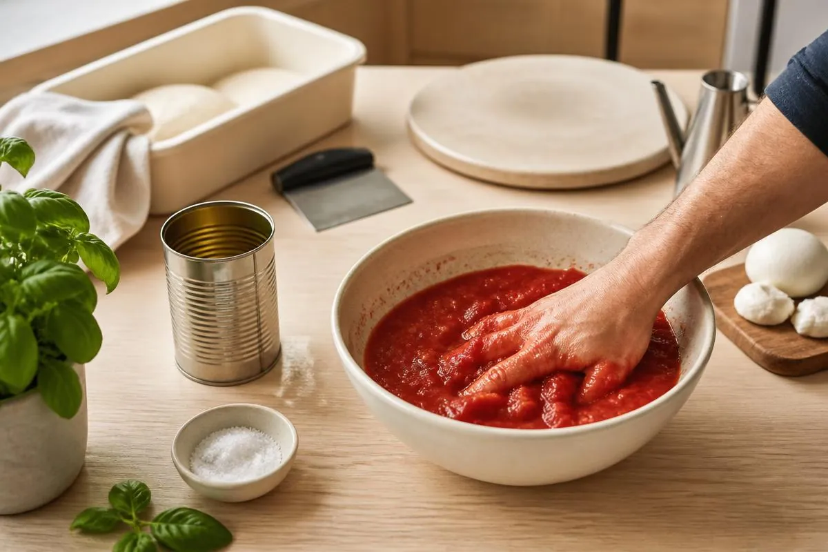 Hele tomater knuses med hånden i en skål til pizzasauce