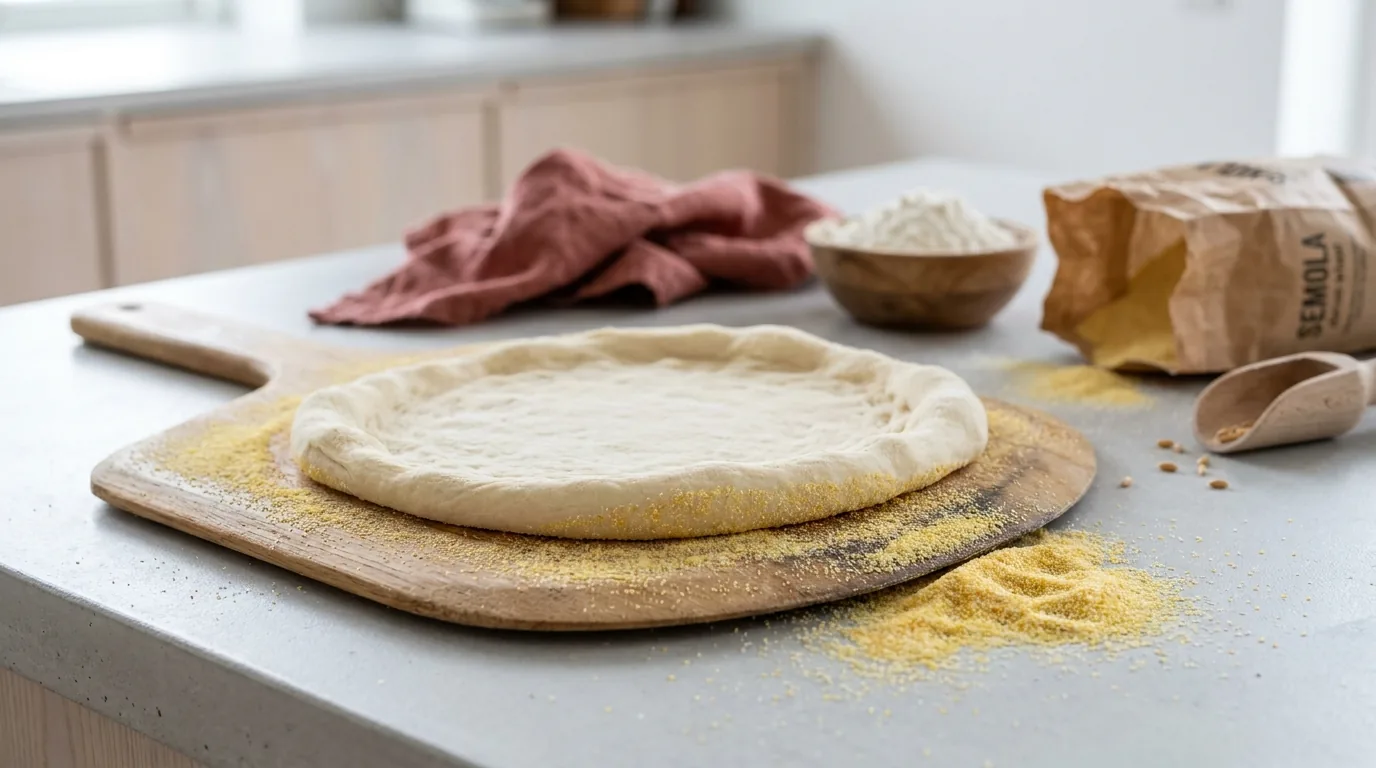 Udstrakt pizzadej på trææ spade drysset med gul semola durum-mel på lyst køkkenbord, åben pose semola og lille skål med Tipo 00 i baggrunden — semola brugt på spade og arbejdsflade så dejen glider
