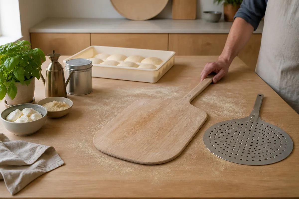 Tre pizzaspader ligger side om side på et semola-drysset bord