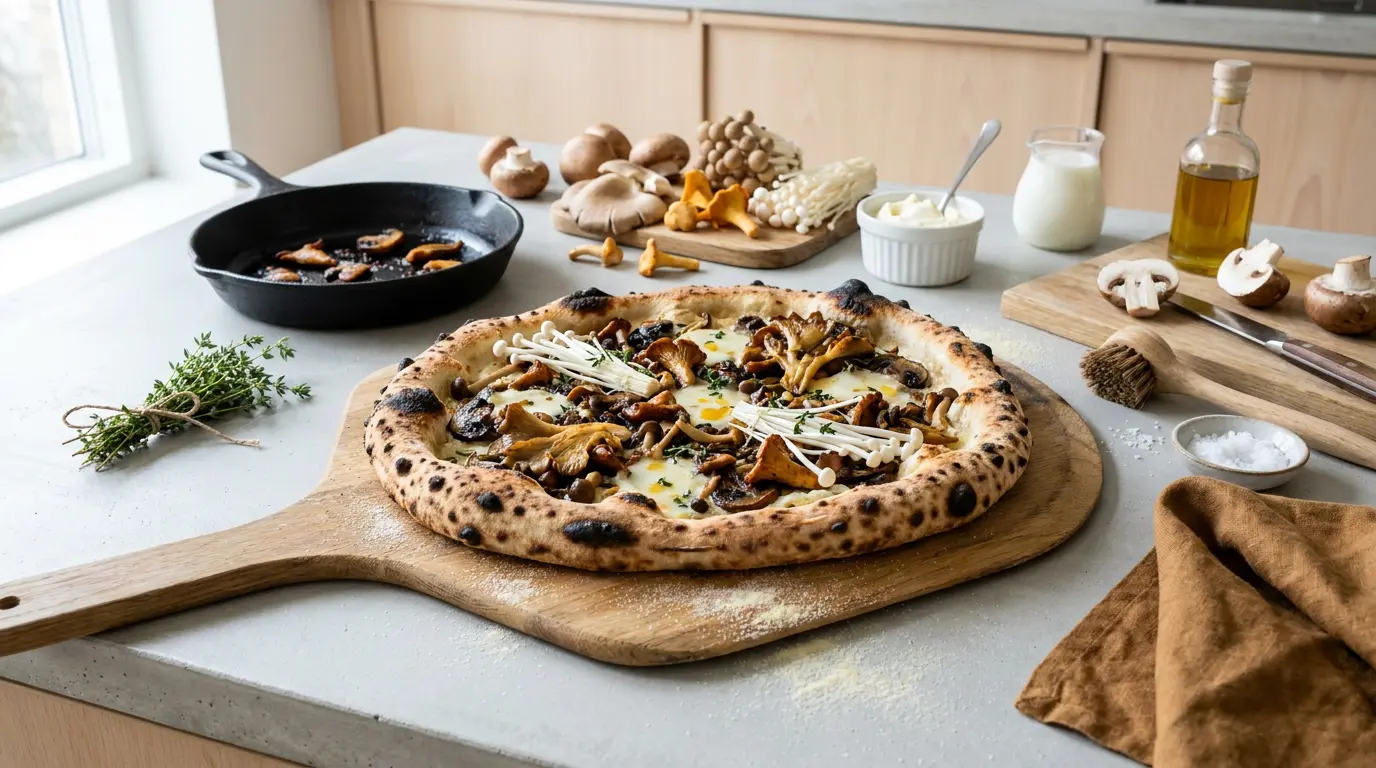Hvid pizza med blandede stegte svampe, frisk timian, mascarpone og hvid trøffelolie på en træplade