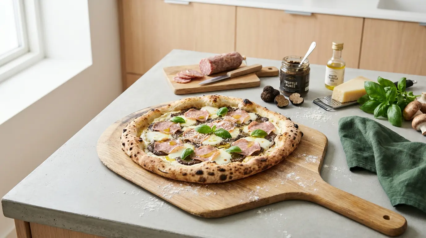 Hvid pizza med mascarpone, trøffelpuré, fiordilatte og tynde skiver trøffelsalami på en træplade