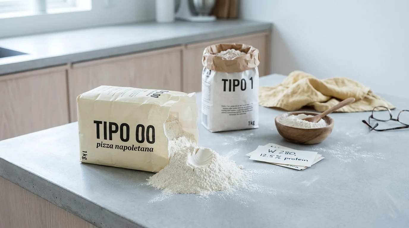 Pose med Tipo 00 pizza napoletana-mel og pose med Tipo 1 på lyst betonbord ved siden af en bunke mel, lille træskål med mel og håndskrevet seddel med W 280 og 12,5 % protein — illustration af italiensk melklassifikation