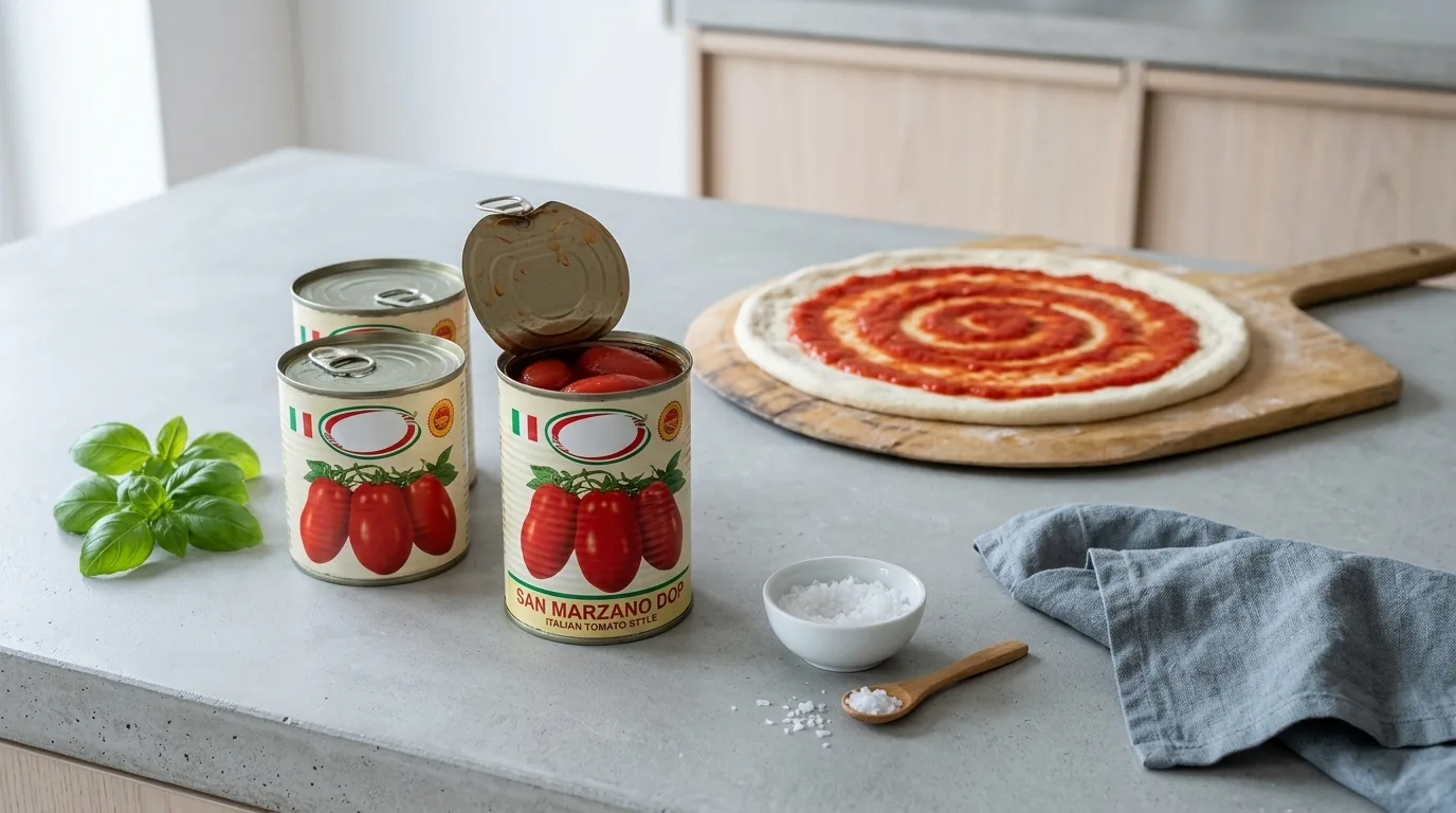 Tre dåser hele flåede italienske tomater med San Marzano DOP-etiket på lyst køkkenbord ved siden af udstrakt pizzadej med spiral af rå tomatsauce på pizzaspade, frisk basilikum og lille skål med salt